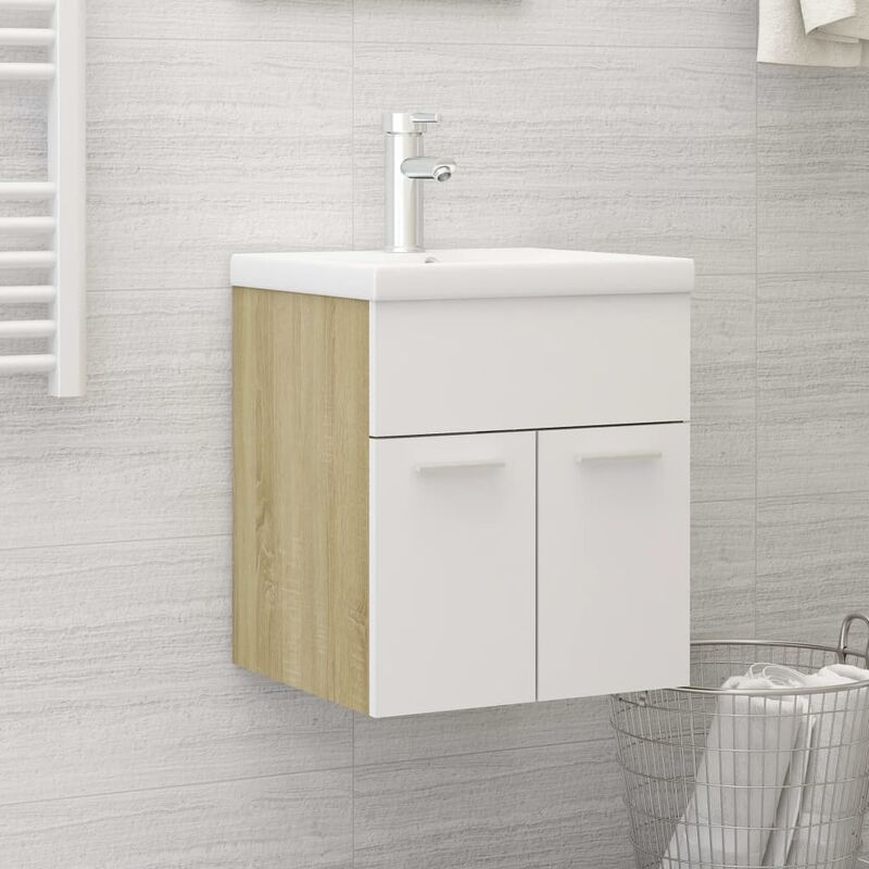 

mueble con lavabo aglomerado blanco y roble sonoma - Rogal