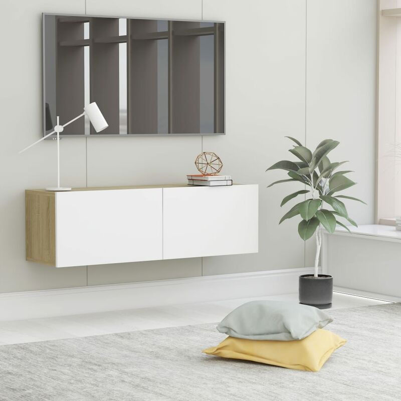 

mueble para tv aglomerado blanco y roble sonoma 100x30x30 cm - Rogal