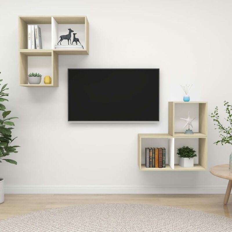 

muebles de pared de tv 4 pzas aglomerado blanco y roble sonoma - Rogal