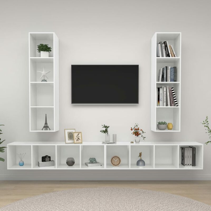 

muebles de pared para tv 4 uds aglomerado blanco con brillo - Rogal