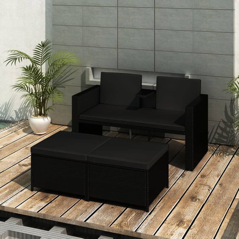 

set de muebles de jardín 3 pzas y cojines ratán sintético negro - Rogal