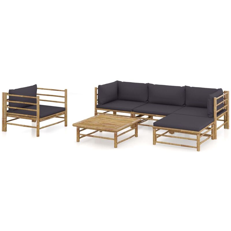 

set de muebles de jardín 6 piezas bambú y cojines gris oscuro - Rogal