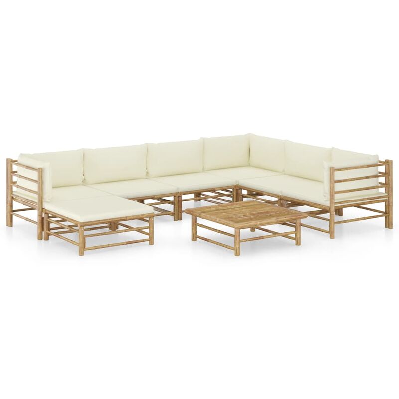 

set de muebles de jardín 8 piezas bambú y cojines blanco crema - Rogal