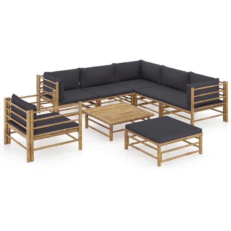 

set de muebles de jardín 8 piezas bambú y cojines gris oscuro - Rogal