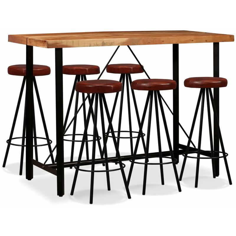 

set muebles de bar 7 pzas madera maciza acacia y cuero genuino - Rogal