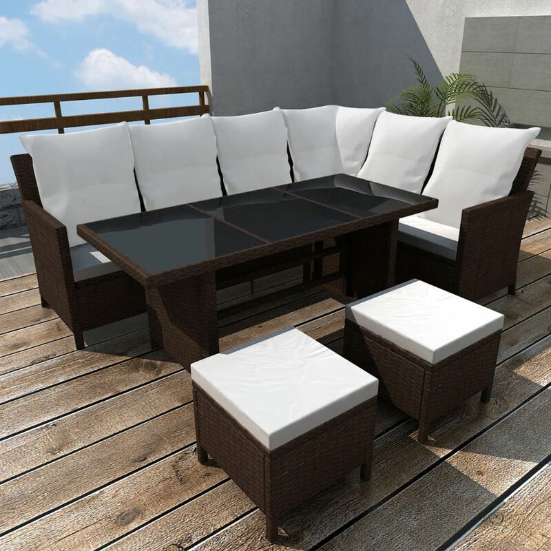 

set muebles de jardín 4 piezas y cojines ratán sintético marrón - Rogal