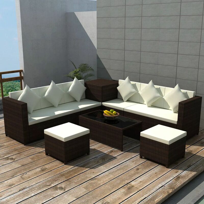 

set muebles de jardín 8 piezas y cojines ratán sintético marrón - Rogal