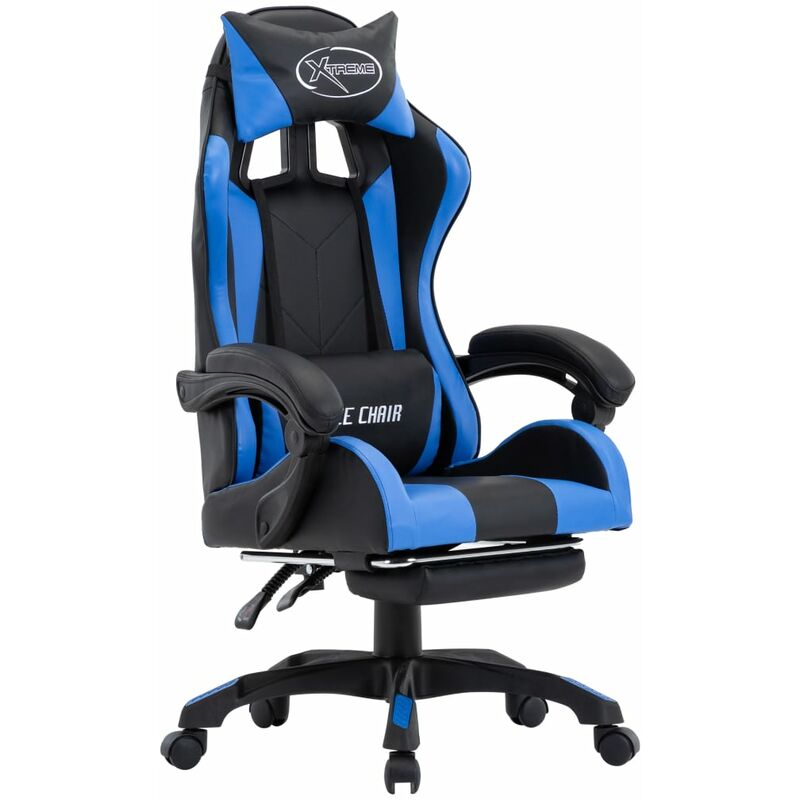 

silla gaming con reposapiés cuero sintético azul y negro - Rogal