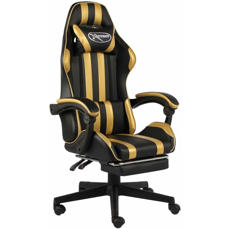 

silla gaming con reposapiés cuero sintético negro y dorado - Rogal