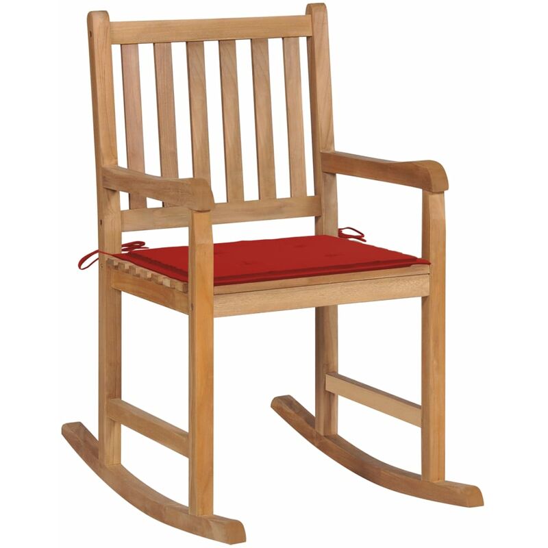 

silla mecedora de madera maciza de teca con cojín rojo - Rogal