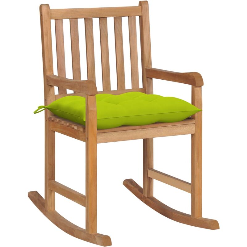 

silla mecedora de madera maciza teca con cojín verde brillante - Rogal