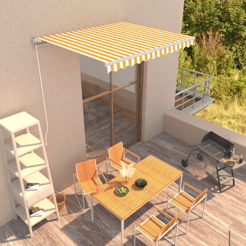 

toldo manual retráctil amarillo y blanco 300x250 cm - Rogal