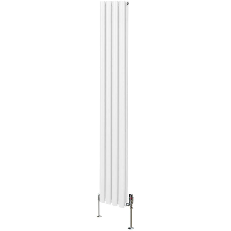 Monster-shop - Röhrenheizkörper Oval 1800 X 240mm & Thermostatventile Vertikaler Heizkörper Glänzend Weiß Kohlenstoffstahl Wohn- Badezimmer