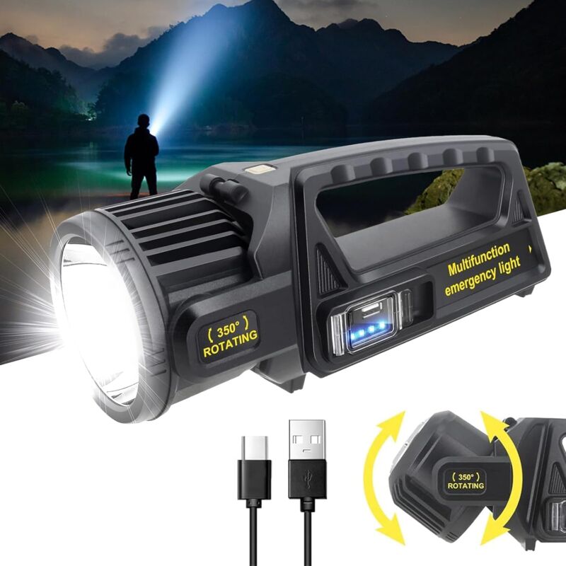 rojecteur à main LED, Lampe de poche LED 350000LM Ultra-Longue Veille Lanterne de camping étanche haute puissance 9 modes Projecteur de recherche