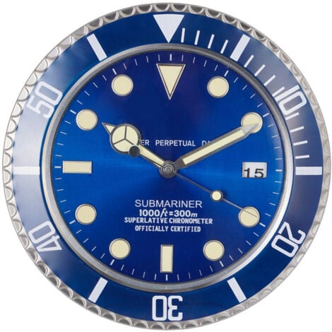 XUIGORT Rolex Submariner Wall Clock Suitable for dining room, living room, studio, etc. (with calendar display) (blue)