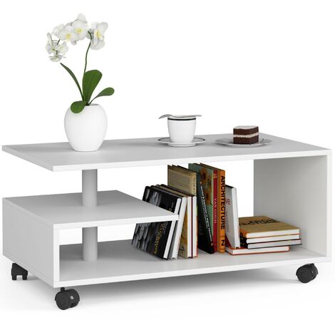 Roll-Couchtisch AKORD VINI Kaffeetisch Weiß 90 cm B90 x H40 x T51 cm