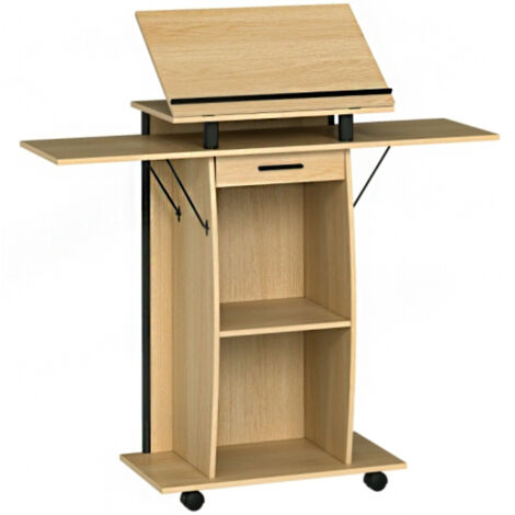 Rollbarer Podiumsständer, Redepult mit klappbaren Seitenflügeln, Laptop-Tisch mit Schublade und Regalen, Eichenoptik