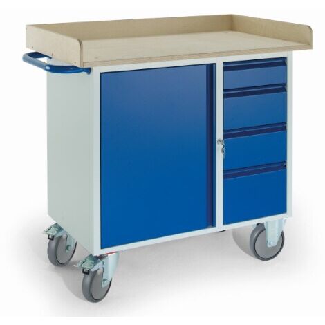 Rollcart Montagewagen mit Holzrand, 4 Schubladen und Stahlschrank