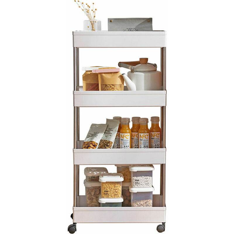 Image of Rolling Cart, 4-Shelf Kitchen Rack, Bathroom Cart for Narrow Space Slim Cart Storage Cart for Laundry Room Office (38x12x87cm) - White