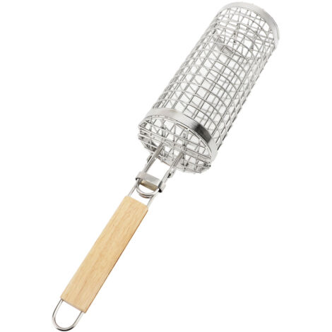 Rolling Grill Basket Open Close Type Stainless Steel Basket Wooden Handle Rolling Grilling Net for Camping BBQ Picnic
