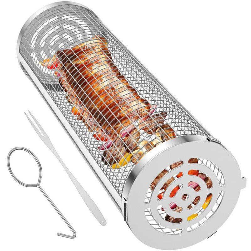 Rolling Grill Basket,Stainless Steel Wire Mesh Cylinder Grilling Basket, Portable Outdoor Camping Barbecue Rack for Vegetables,French