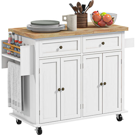 Rolling Kitchen Island Storage Trolley with Rubber Wood Top & Drawers for Dining Room, White