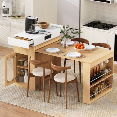 Rolling Kitchen Island with Casters, Pull-Out Dining Table with Foldable Top, Bar Table with Outlets and Hooks, Multifunctional for Kitchen and Dining Room