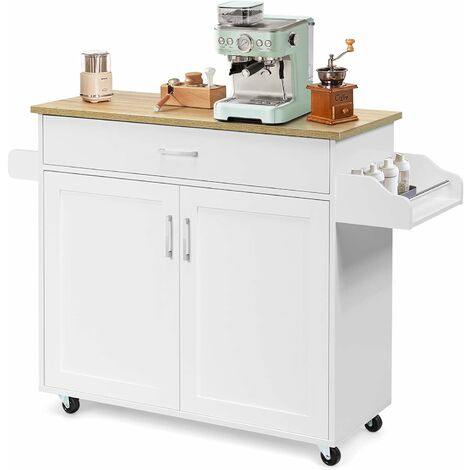 Rolling Kitchen Island with Storage, Multifunctional Storage Cabinet with Towel Rack, Spice Rack, Large Drawer & Adjustable Shelf, 116 x 40 x 85 cm Mobile Cart with Lockable Universal Casters, White