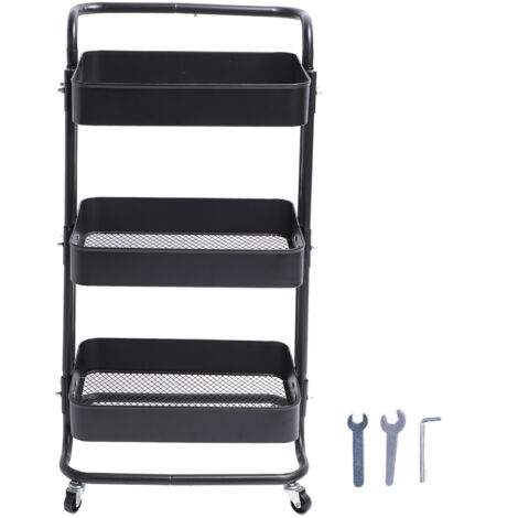 Rolling Utility Cart with 360° Rotating Wheels Handle Carbon Steel High Load Bearing 3 Tier Mesh Bottom Basket Storage Trolley for Kitchen Black