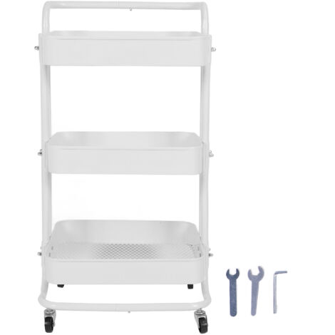 Rolling Utility Cart with 360° Rotating Wheels Handle Carbon Steel High Load Bearing 3 Tier Mesh Bottom Basket Storage Trolley for Kitchen White