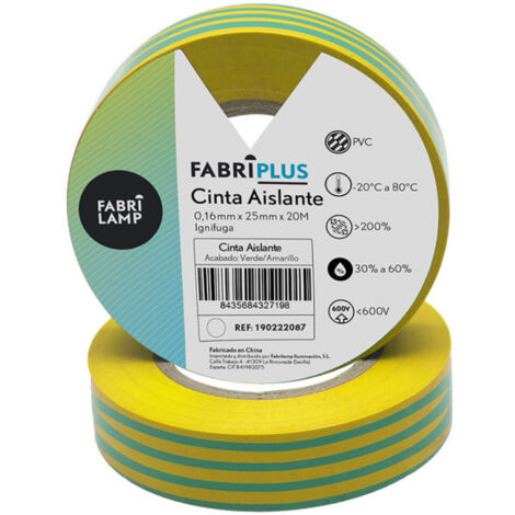 Rollo cinta aislante ancha verde/amarill 25mmx20m  pvc para electricista flexible, duradera