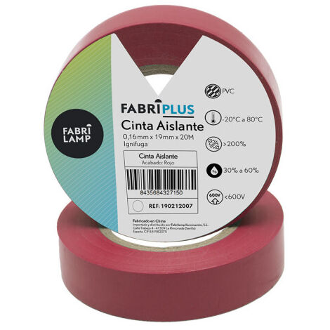 Rollo cinta aislante pvc rojo 19mmx20m para electricista flexible y duradera