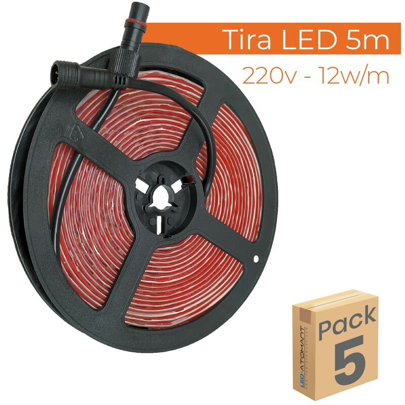 

Led Atomant Sl - Rollo de 5 metros de Tira de Luz LED Directa a 220v. Impermeable IP65. Corte cada 10cm.12W/m 120 LED/m | Blanco Frío 6500K - Pack 5