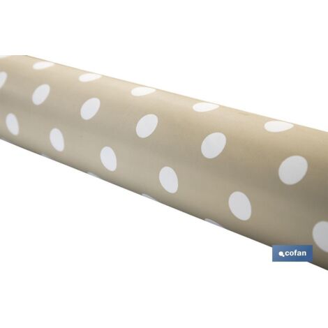 Rollo de mantel antimanchas impermeable con diseño de lunares 140cm x 20m fabricado en vinilo y poliéster color beige y blanco