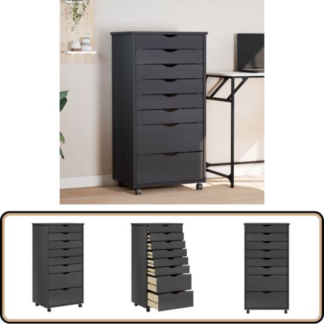 Rollschrank mit Schubladen MOSS Grau Massivholz Kiefer - Schreibtischorganizer - Bürostuhl - Regalsystem - Garderobe - Sideboard
