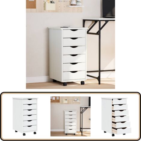 Rollschrank mit Schubladen MOSS Weiß Massivholz Kiefer - Schreibtisch Organizer - Büro Möbel - Regalsystem - Sideboard - Nachtkommode