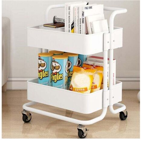 Rollwagen mit 2 Ebenen, Räder für Büro, Küche, Bad, Wohnzimmer, Weiß