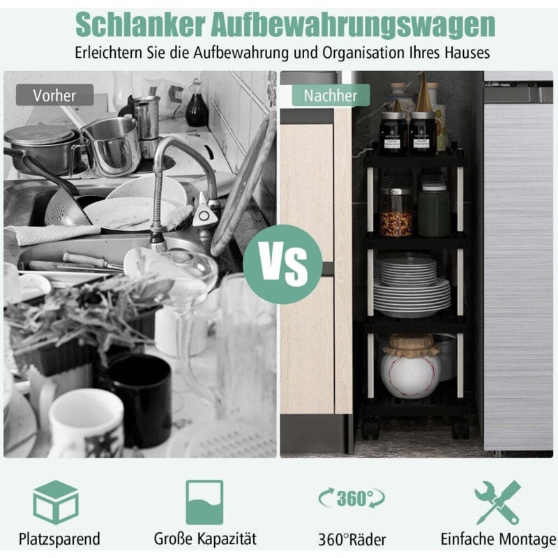 Image of Rollwagen mit 4 ebenen nischenregal mit rollen und seitlichen haken schwarz 40 x 21 x 595 cm
