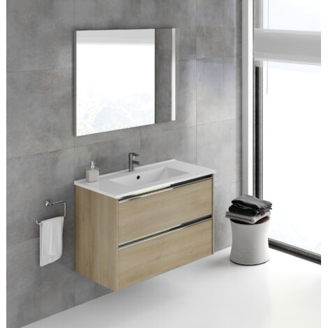 ROMA 80cm Ensemble meuble et vasque avec deux tiroirs, Chêne Nordic. (Avec mirroir)