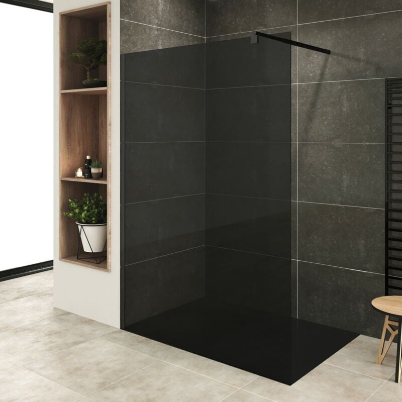 ROMA-BLACK Paroi de douche Italienne 80x200 cm teinte fumé verre 10mm, anticalcaire, profilés noirs