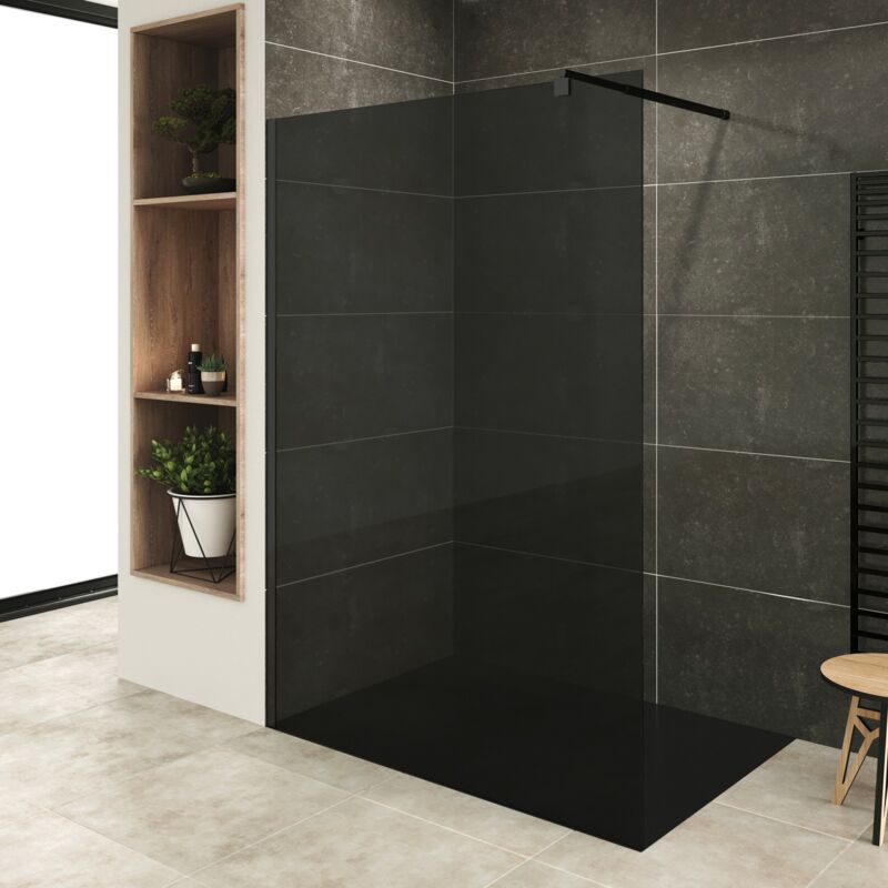 Roma-black Paroi de douche Italienne 130x200 cm teinte fumé verre 10mm, anticalcaire, profilés noirs