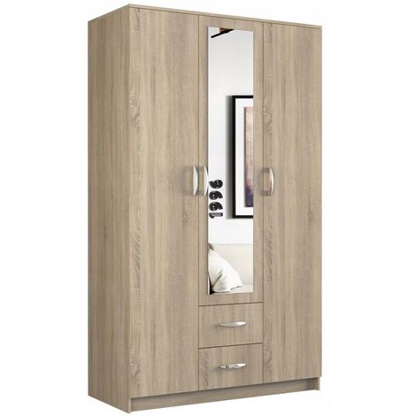 ROMA - Petite Armoire chambre bureau - Penderie multifonctions - 2 portes + Miroir +2 tiroirs - Meuble de rangement Dressing - blanc