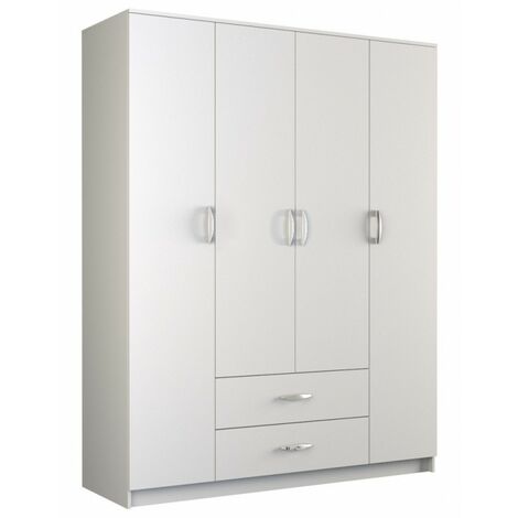 ROMA - Grande armoire de chambre 4 portes - 160x52x205 cm - 2 tiroirs - Armoire avec penderie Blanc mat - Blanc mat