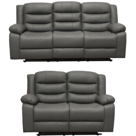 Roma Leather Recliner 3+2 Sofa Set with Cupholders in Grey