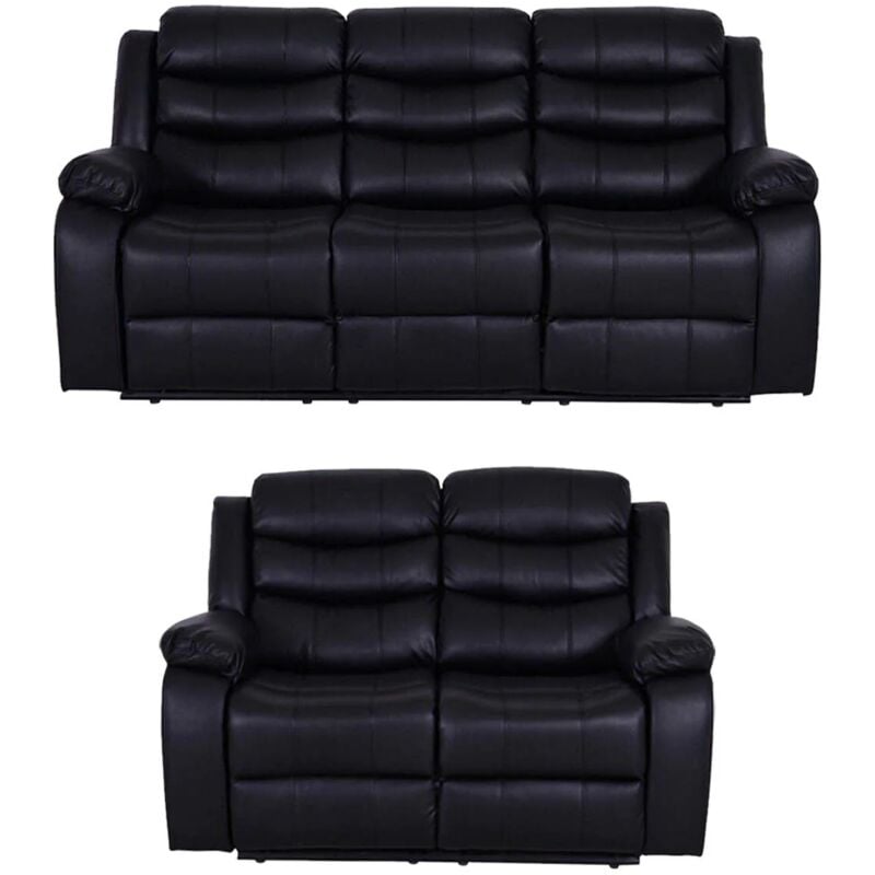 Roma Leather Recliner 3+2 Sofa Set with Cupholders in Black