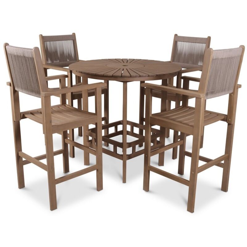 Roma Table with 4 Seater Rope Armchairs Bar Set - Acacia Hardwood - Light Teak