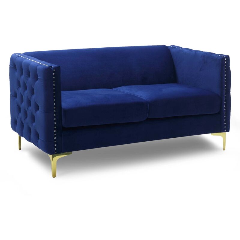 mobilier deco - romance - canapé capitonné 2 places en velours bleu - bleu