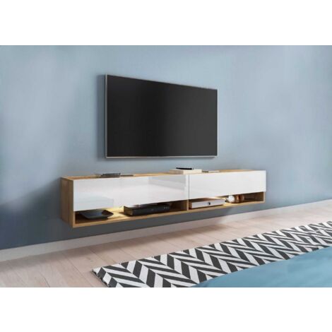 ROMANE - Meuble TV suspendu 2 portes 2 niches en chêne et blanc ROMANE XXL - 180 cm