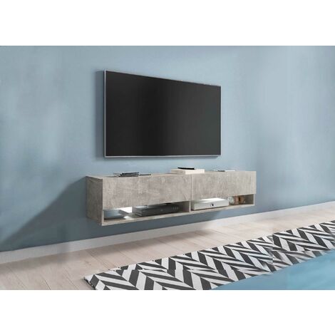 ROMANE - Meuble TV suspendu 2 portes 2 niches gris béton ROMANE XL - 140 cm