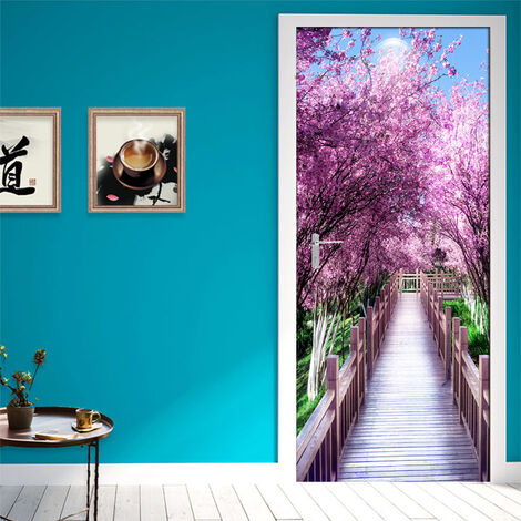 Romantico Cherry Blossom Paesaggio 3D Foto Carta Da Parati Porta Sticker Murale De Parede Soggiorno camera Da Letto Decorativa Adesivi Per Porte,95x215 cm